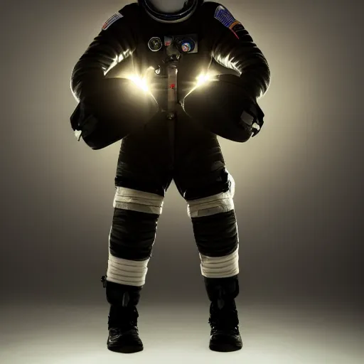 Prompt: photograph of an astronaut, black background, only arms and legs are lit, full body photo,, 8 k