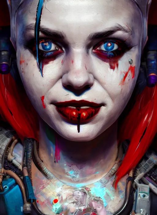 Image similar to biopunk portrait of harley quinn, au naturel, hyper detailed, digital art, trending in artstation, cinematic lighting, studio quality, smooth render, unreal engine 5 rendered, octane rendered, art style by klimt and nixeu and ian sprigger and wlop and krenz cushart