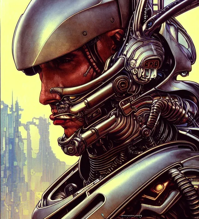 Prompt: realistic detailed face portrait of a handsome futuristic captain in alien cyberpunk armor by moebius, jodorowsky, alphonse mucha, ayami kojima, amano, greg hildebrandt, and mark brooks, male, hero, masculine, art nouveau, cyberpunk, neo - gothic, gothic, masterpiece artwork, character concept design,