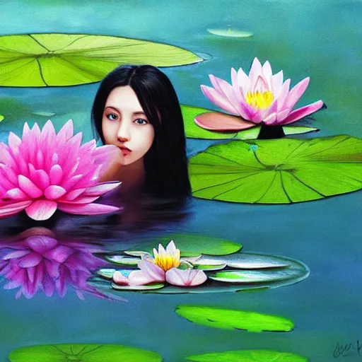 Image similar to girl floating in water, serious, with waterlily flower, bright colors, painting, detailed, magical environment, peaceful, beautiful, artwork, realistic detail