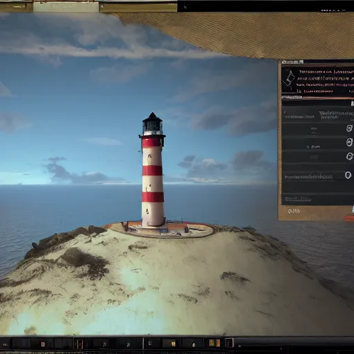 Image similar to screenshot of a lighthouse in a coastal landscape in the game Disco Elysium