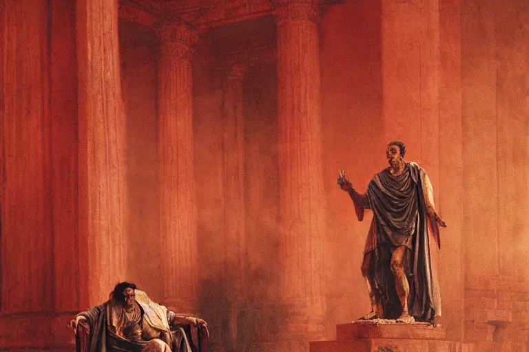 Prompt: a tired, lonely and broken julius caesar is sitting on his throne. face is highly detailed. splices of red are running down his toga. mist. color scheme red and gold. soft light. low angle medium shot. imagined by greg rutkowski and jean - leon gerome