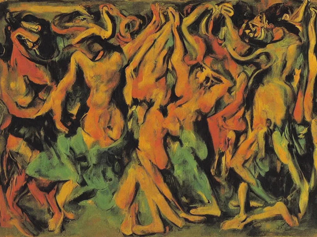 Image similar to surreal, tribal dance, art by willem de kooning, gustave courbet