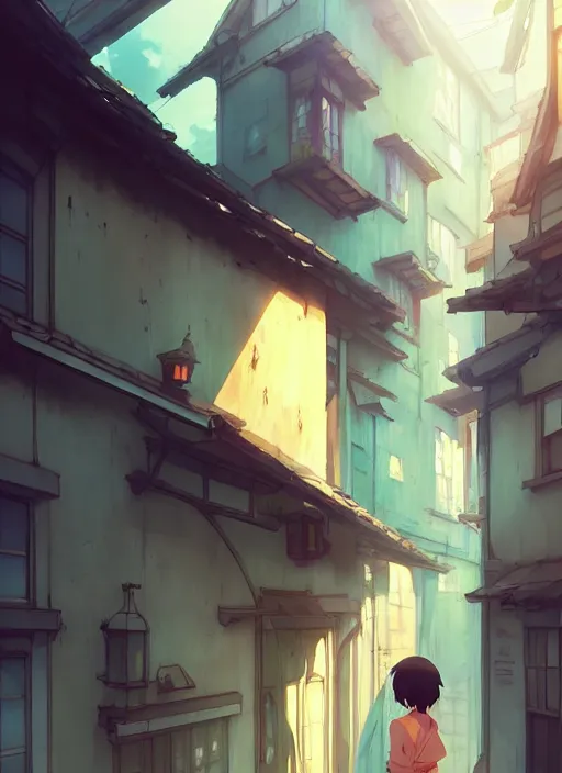 Image similar to 2 face - to - face window above a narrow street. illustration concept art anime key visual trending pixiv fanbox by wlop and greg rutkowski and makoto shinkai and studio ghibli