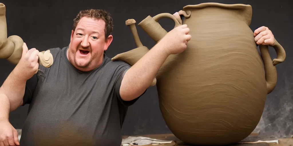 Image similar to johnny vegas making a very large clay teapot, art school, studio, wet clay, photorealistic, stand up comedy, audience, stage