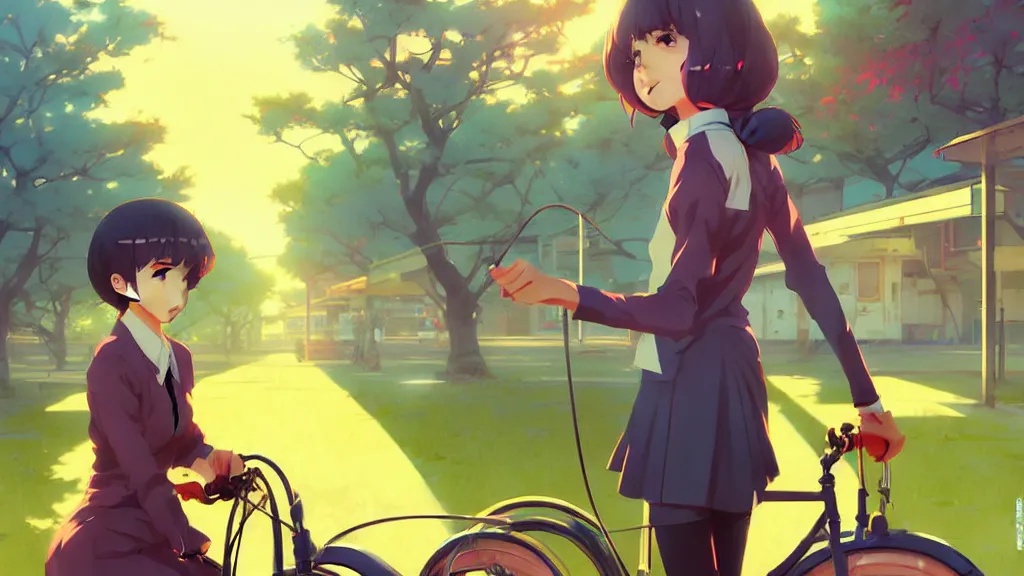 Image similar to anime noon scene, high detail concept art, perfect proportions fine face, girl with vintage bike, avant designer uniform, vivid colors, realistic shaded lighting poster fantasy art ilya kuvshinov, sakimi, jeremy lipking and michael germash, makoto shinkai, loish and clamp style, best selling artist