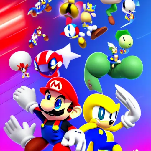 Image similar to super mario, kirby, sonic the hedgehog, super smash bros, star wars themed movie poster high detail accurate eyes and good gesture poses, pokemon anime cartoon style