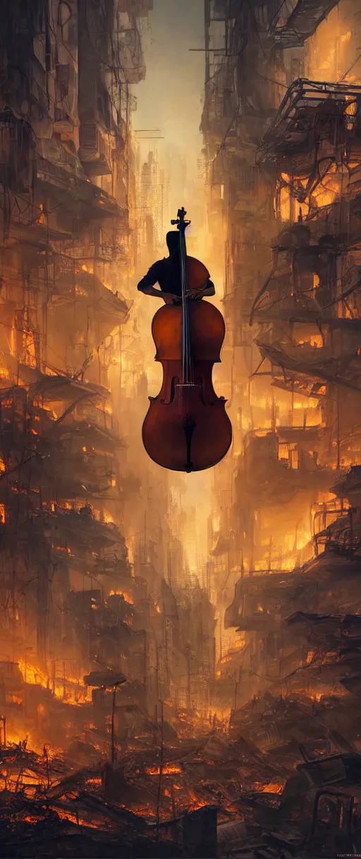 Image similar to a cellist playing in the rubble of a burning cyberpunk city looming above him, beautifully lit, concept art, sharp focus, a digital illustration by thomas blackshear