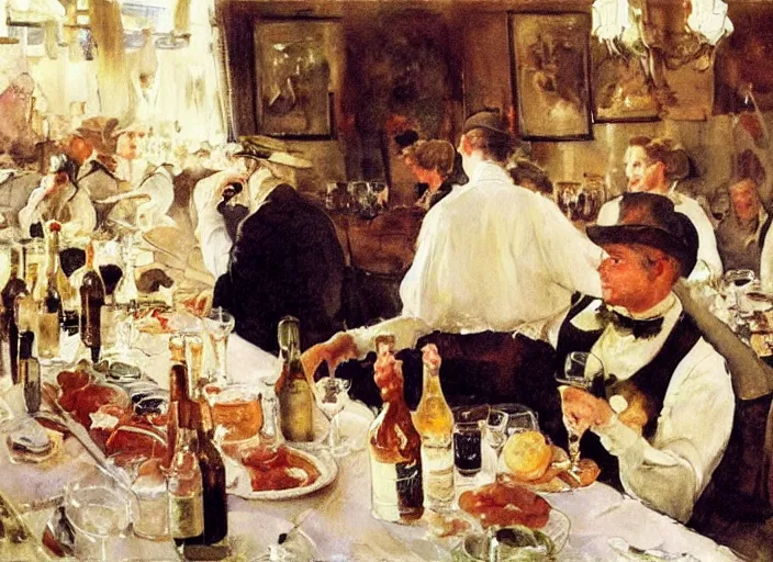 Prompt: gentlemens dinner, blonde waitresses, masterpiece, meat, wine, schnapps, watercolor by anders zorn and carl larsson, art nouveau