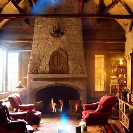 Image similar to A photograph of the Gryffindor common room, cozy arm chairs, a fire burning in the hearth, high ceilings, lit by many candles, light rays