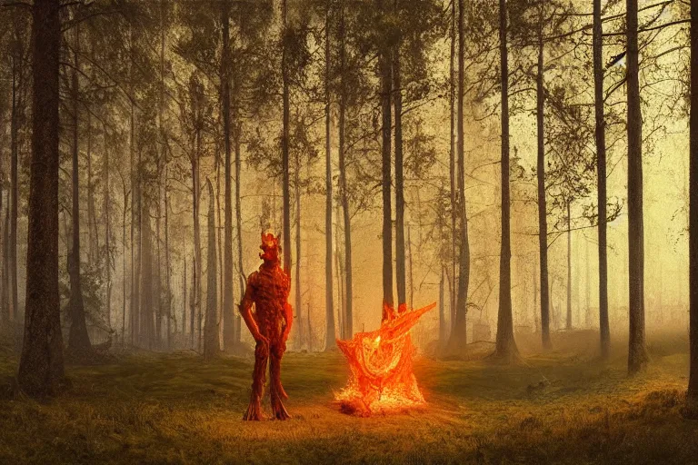 Image similar to fire demon standing in a beautiful swedish forest, highly detailed, hyperrealistic, very sharp focus, intricate, soft lighting, wide shot photograph, digital painting by simon stålenhag