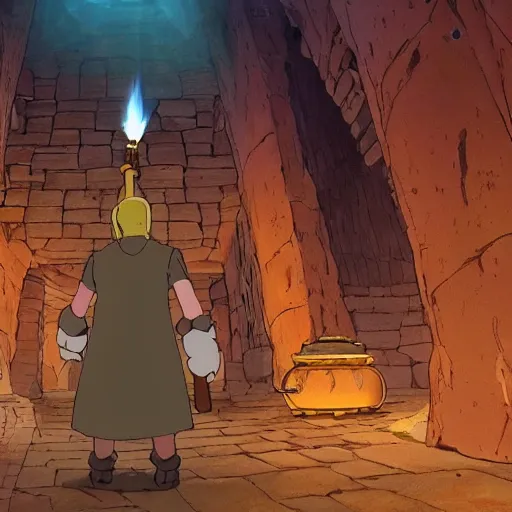 Image similar to a man holds a torch and explores a Dungeon, luminous, studio ghibli