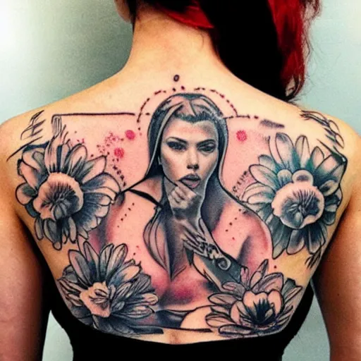 Image similar to tattoo of Scarlett Johansson, sketched by Loish, back tattoo