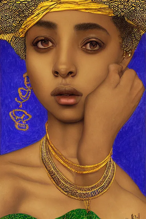 Image similar to Portrait of a Arabic African female, sad green eyes, beautiful skin, elegant, jewellery, digital painting, Pre-Raphaelites, highly detailed, concept art, smooth, sharp focus, gold and indigo, illustration, art by Klimt .