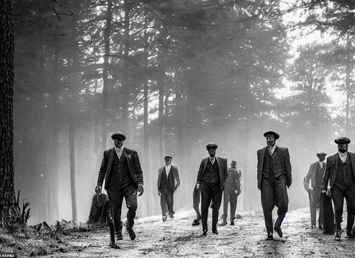 Prompt: an action scene from peaky blinders, medium long shot, filmed in the dark woods, a cabin in the background, faces covered in shadows, detailed and symmetric faces, black and white, cinematic, epic,