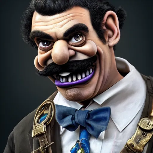 Image similar to beautifully rendered, masterpiece, caricature, claymation, luis guzman as waluigi, painted by tom lovell, wlop, artgerm, dishonored 2,