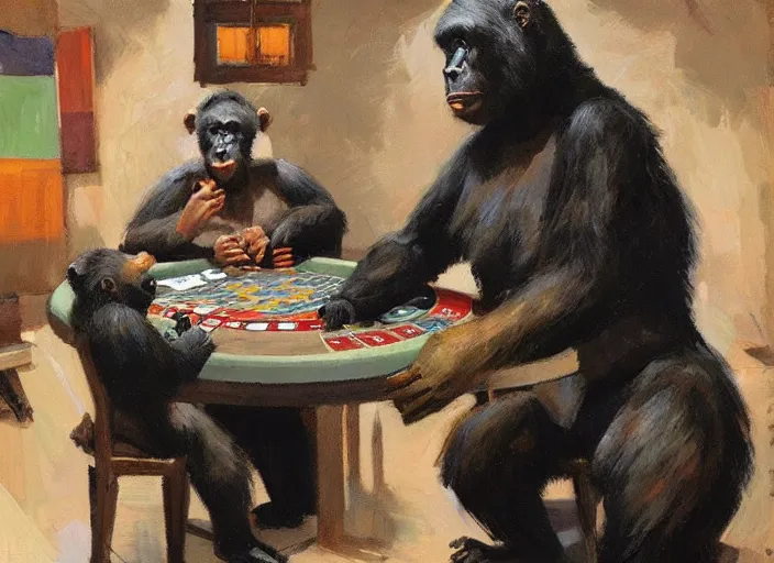 Image similar to one gorrila, one bear!!, playing poker, highly detailed beautiful, by gregory manchess, james gurney, james jean