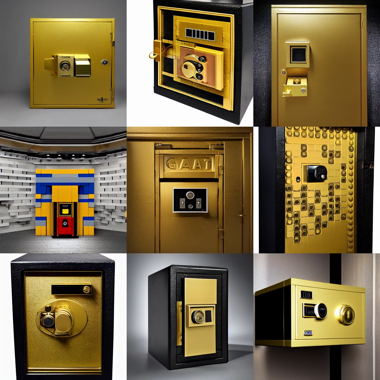 Prompt: a giant safe with gold in it, door half open, made of lego bricks, 7 0 mm imax, professional photography, studio lighting, detailed