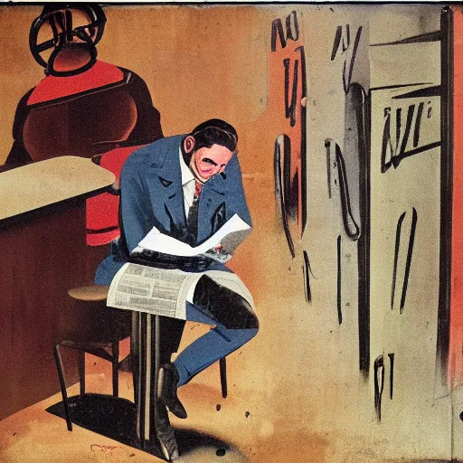 Prompt: man reading newspaper in a bar grimy, steel, oil,'5 0 s, mechanised, punk cousin of steampnk