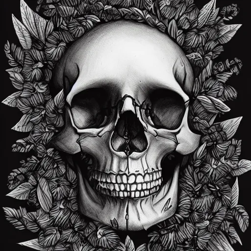 Prompt: Human skull covered in flowering vines, bumblebees and butterflies, ultra detailed, whimsical drawing, trending on Artstation