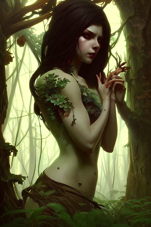Image similar to beautiful digital painting of a stylish horror female forest with high detail, 8 k, stunning detail, works by artgerm, greg rutkowski and alphonse mucha, unreal engine 5, 4 k uhd