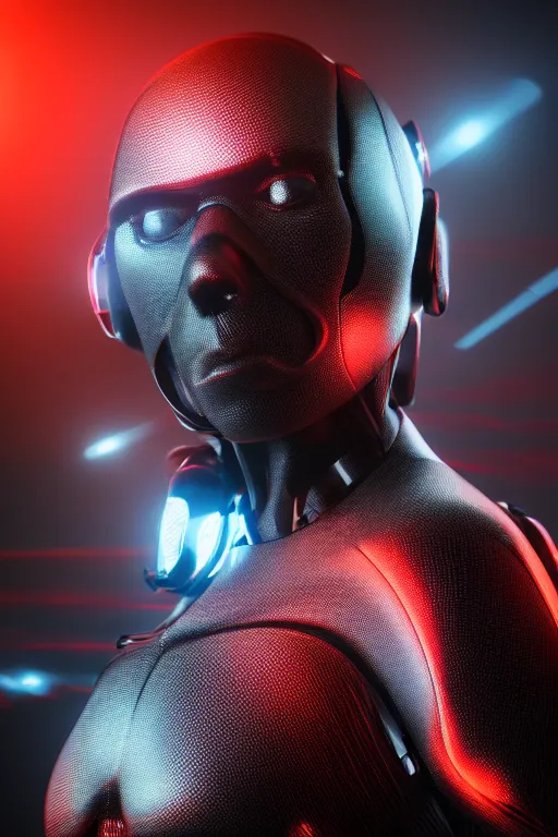 Prompt: closeup shot of a carbon black cyborg, macro shot, dof, cinematic, volumetric lighting, studio shot, octane render, red light, 4 k