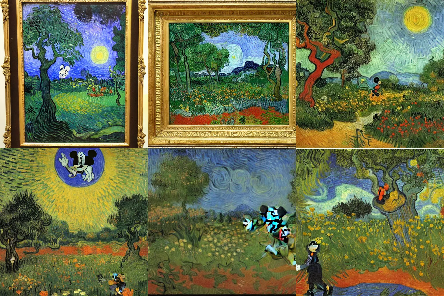 Prompt: mickey mouse entering the garden of eden, oil painting by van gogh, masterpiece