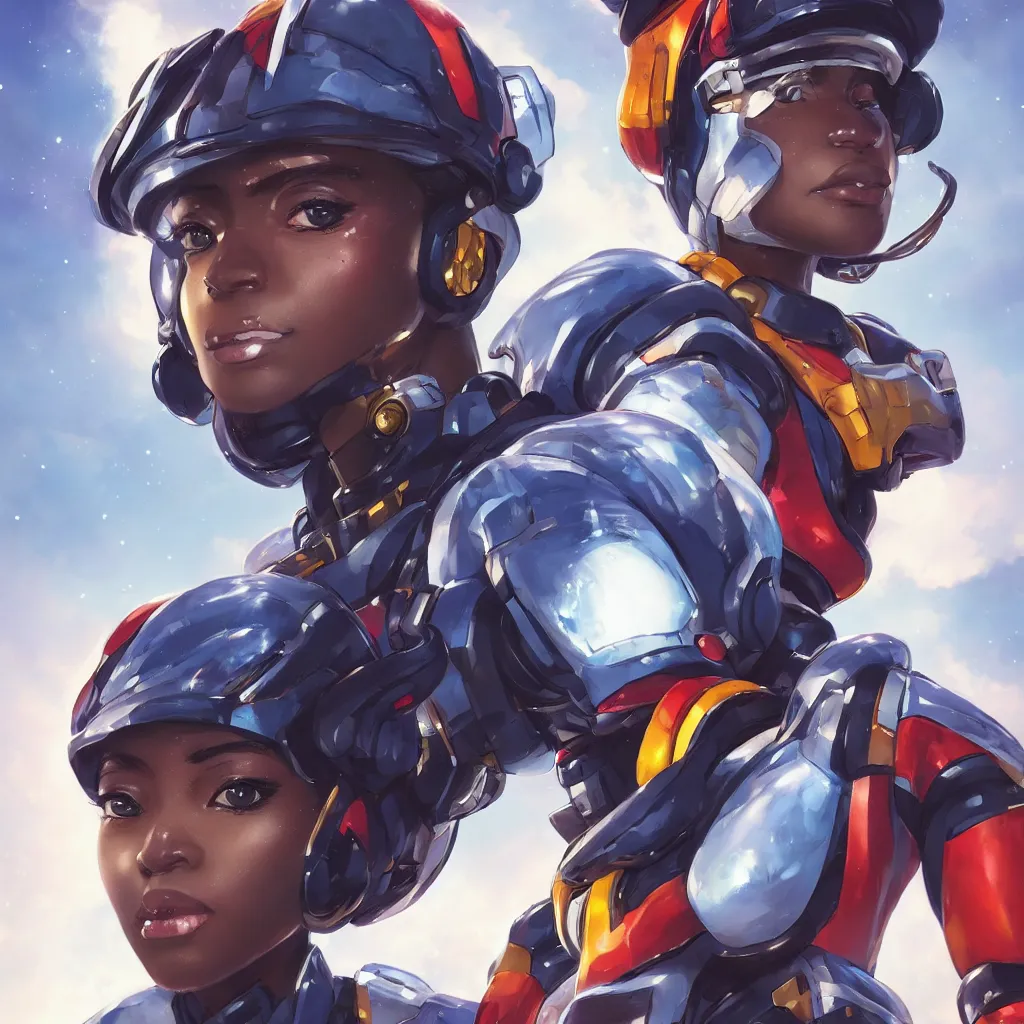 Image similar to portrait cartoon manga anime render of a strikingly gorgeous nigerian 👩🏿, wearing an intricate gundam pilot helmet, rossdraws, artgerm, norman rockwell, emiliano ponzi, epic composition, hd, octane, unreal engine, volumetric lighting, light rays, masterpiece, award - winning