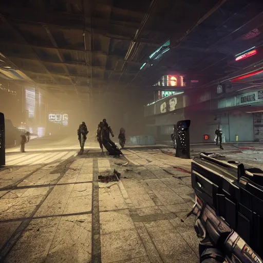 Image similar to photoreal gameplay screenshot of a 3rd person shooter cyberpunk destiny in an underground city. Atmospheric and ominous lighting by Joe McNally