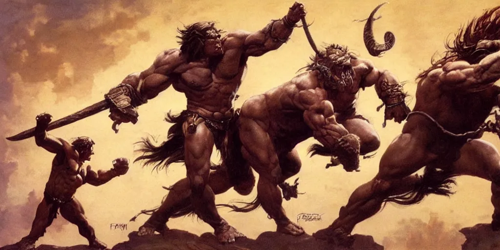 Prompt: Conan fighting a minotaur, fantasy art by Frank Frazetta, highly detailed, trending on artstationhq
