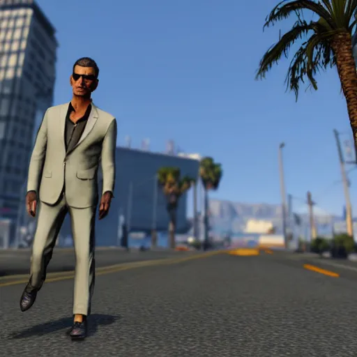 Image similar to Jeff Goldblum in GTA v. Los Santos in the background, palm trees. In the art style of Stephen Bliss