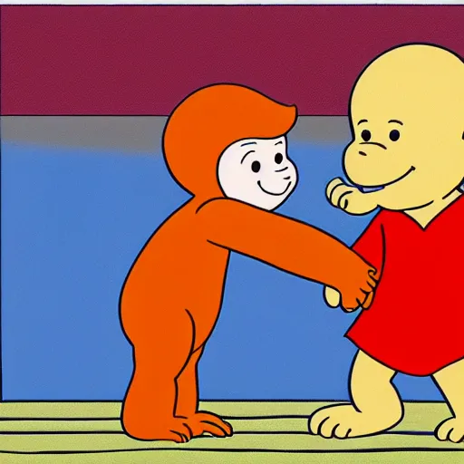 Prompt: curious george slapping caillou in the mouth. pbs cartoon style