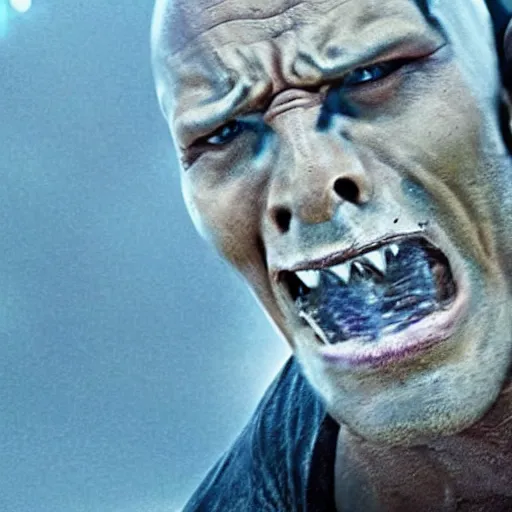 Prompt: close up cinematic still of Dwayne Johnson in JAWS