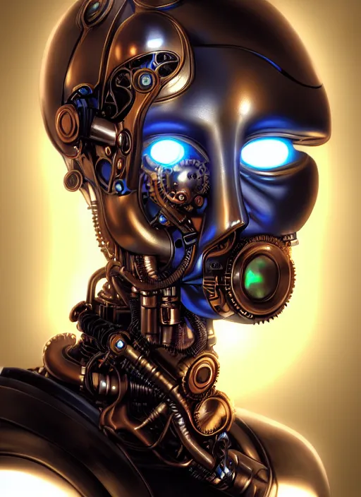 Prompt: portrait of a steampunk robot woman in 1800 with neon light by Artgerm, biomechanical, hyper detailled, trending on artstation