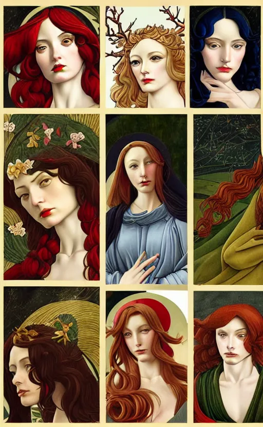 Prompt: the 12 months of the year as figures, (3 are Winter, 3 are Spring, 3 are Summer and 3 are Autumn), in a mixed style of Botticelli and Æon Flux, inspired by pre-raphaelite paintings and shoujo manga, hyper detailed, stunning inking lines, flat colors, 4K photorealistic