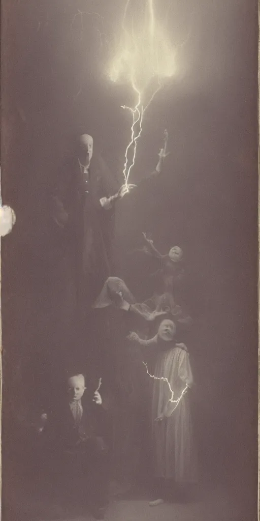 Prompt: spirit photography with glowing bulbous ectoplasm, scary shadow people, couple mourning, sleep paralysis demon, plasma lightning bolts, 1 9 0 0 s, slimer, summoning tall horned demon, mourning family, invoke fear and dread, old photograph, daguerreotype