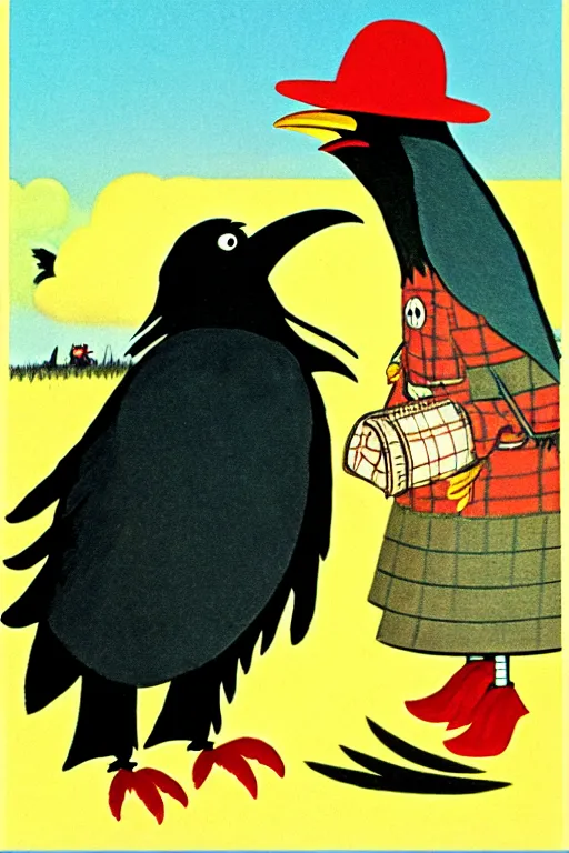 Image similar to by richard scarry. a raven laughing at a scarecrow. a 1 9 5 0 s retro illustration. studio ghibli. muted colors, detailed