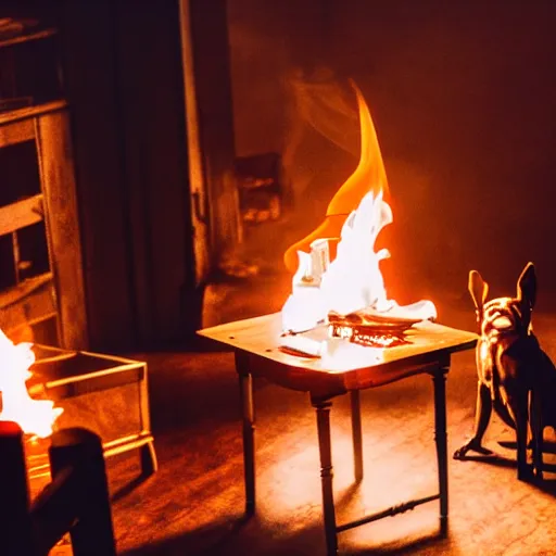 Image similar to a photograph of a room on fire, only remains a wooden table and a chair, an human-like relaxed dog sitting at this table, ☕ on the table, surrounded by flames, a lot of flames behind the dog, smoke under the ceiling