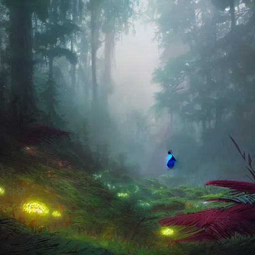 Image similar to concept art painting of a mystical alien fantasy forest, with fog and strange colorful plants, realistic, detailed, cel shaded, in the style of makoto shinkai and greg rutkowski and james gurney