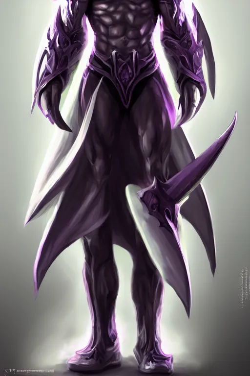 Image similar to human male demon, full body white purple cloak, hero, heavy scale armor, character concept art, costume design, black eyes, white horns, trending on artstation, Artgerm , WLOP