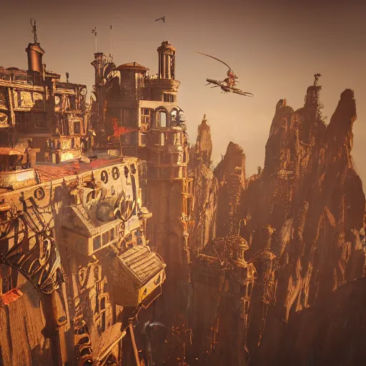 Image similar to a flying steampunk fortress, extremely detailed, behrens style, unreal 5 render, fantasy digital art, octane render, beautiful composition, trending on artstation, award - winning photograph, masterpiece