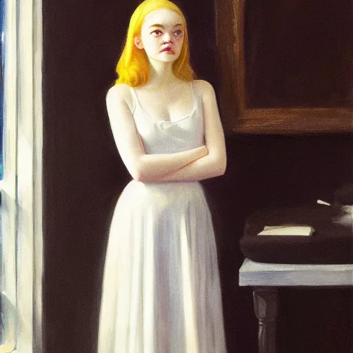 Prompt: Painting of Elle Fanning bringing about the age of fire, long blonde hair, delicate, pale milky white porcelain skin, by Edward Hopper. 8K. Extremely detailed.