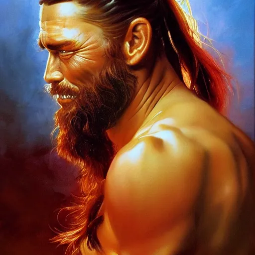 Image similar to ultra realistic portrait painting of forest gump as ryu, art by frank frazetta, 4 k, ultra realistic, highly detailed, epic lighting