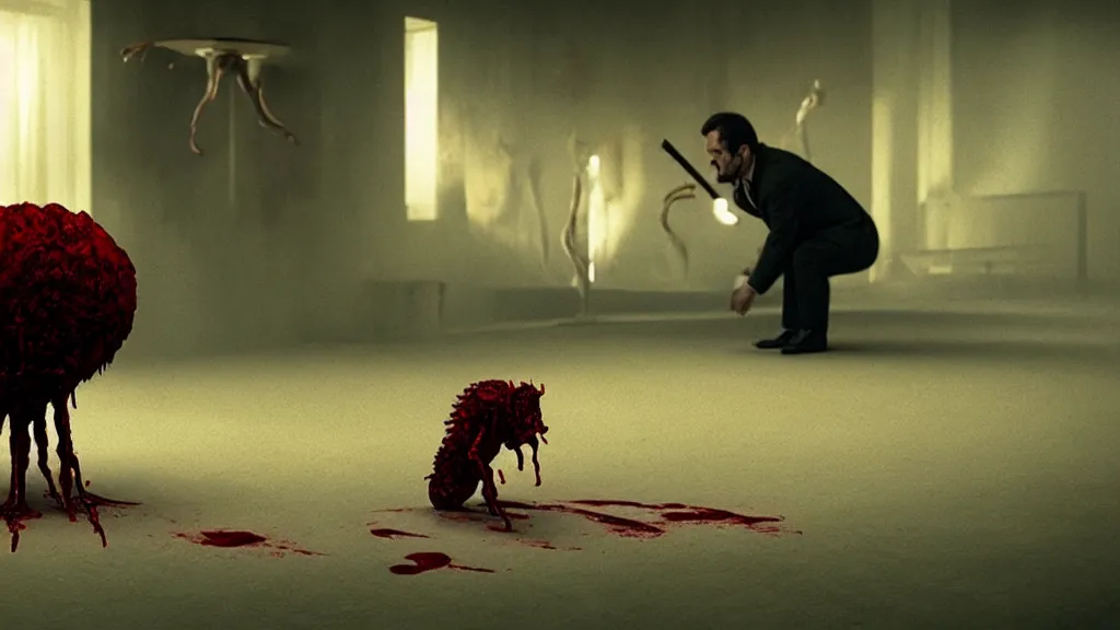Image similar to the strange creature is busy working, made of blood, film still from the movie directed by Denis Villeneuve with art direction by Salvador Dalí, wide lens