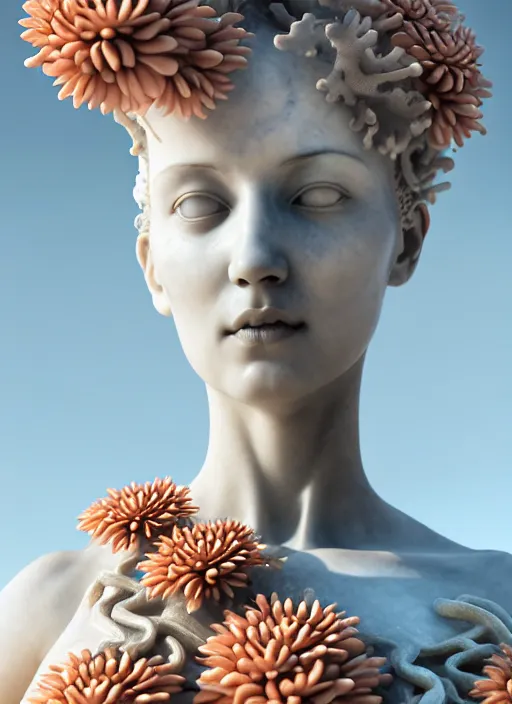 Image similar to beautiful marble statue made of biomechanical corals, daisies, well contoured smooth fair walls, carrying a bottle of perfume, up close shot, sharp focus, global illumination, radiant light, alexandre ferra white mecha, irakli nadar, octane highly render, 4 k, ultra hd,