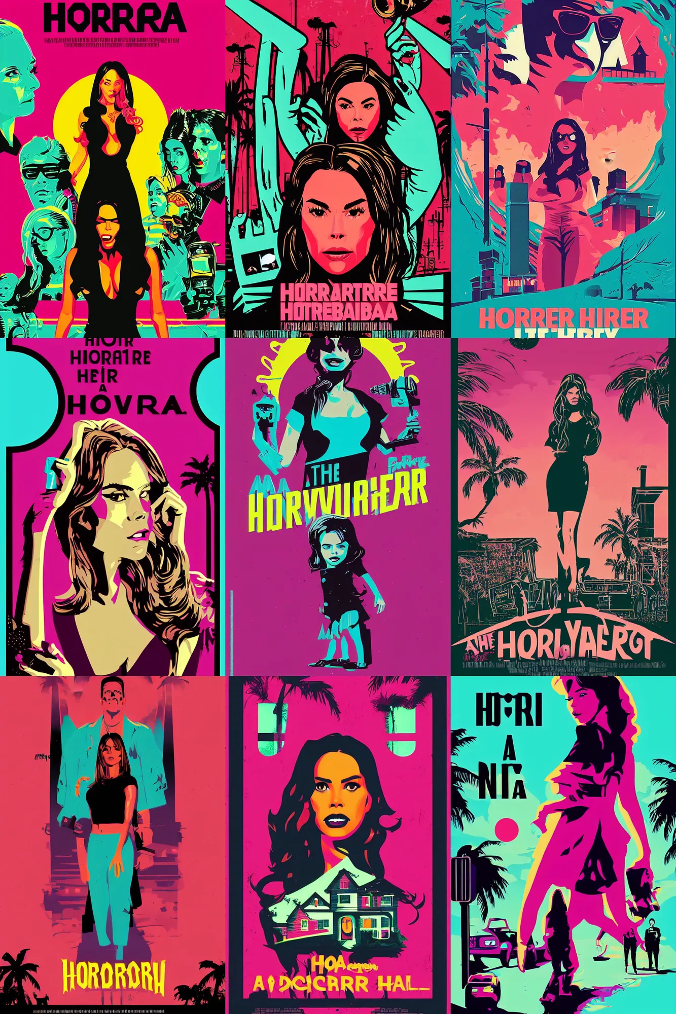 Prompt: a horror movie poster, staring Sofía Vergara as the heroine, neighborhood themed, by Tom Whalen, synthwave cyberwave