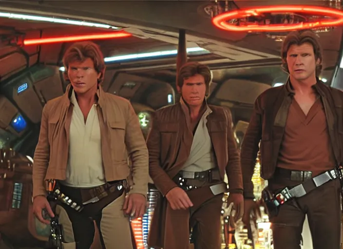 Prompt: screenshot of Han Solo, played by Harrison Ford, surrounded by Greedo Rodian alians outside a neon lit bar, from the 1970s Star Warsspy thriller film directed by Stanley Kubrick, in a sci-fi shipping port, last jedi, 4k HD, cinematic lighting, beautiful portraits, moody, stunning cinematography, anamorphic lenses, kodak color film stock