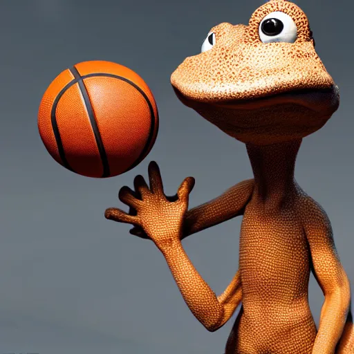 Image similar to a six foot tall anthropomorphic toad playing basketball, spotted, light brown, unreal engine, 4 k, artstation, ultra realistic, dynamic lighting, dynamic shadow,