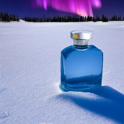 Prompt: perfume bottle buried in the snow under the northern lights