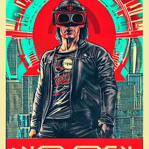 Image similar to Illustrated by Shepard Fairey and H.R. Geiger | Cyberpunk Jean claude van damme with VR helmet, surrounded by cables